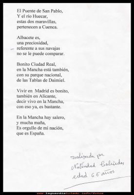 Poesia de Nati Cabiedas
Poesía de Nati Cabiedas, publicada en el Certamen Literario del proyecto Alegría, de la diputación de Toledo.  
Pagina 4 de 4
Palabras clave: Certamen literario del proyecto alegría
