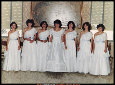 Reina y damas del año 1984
Reina y Damas de las fiestas del año 1984, de izquierda a derecha, Gema, Geles, Isabel, Ana, Pauli, Eva y Geles. 

Palabras clave: Reina y Damas