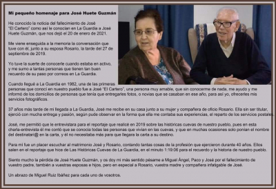 D.  José Huete Guzmán
Homenaje personal de Miguel Ruiz Ibáñez por el reciente fallecimiento de José el cartero. 20-1-2021. D. E. P. 
Palabras clave: José el cartero