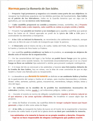 Romería de San Isidro 2019
Normas para la romería
