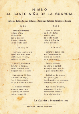 HIMNO DEL SANTO NIÑO 1945
ESTAMPITA DEL SANTO NIÑO CON SU HIMNO EN 1945
EL SANTO NIÑO DE LA GUARDIA: El Himno
Palabras clave: HIMNO SANTO NIÑO