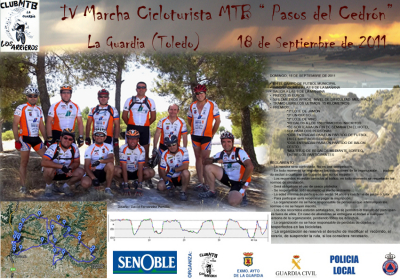 CARTEL ANUNCIADOR DE LA RUTA
CON ESTE CARTEL ANUNCIADOR DE LA RUTA CICLOTURISTA, "PASOS DEL CEDRÓN", ORGANIZADA POR EL CLUB MTB LOS ARRIEROS DE LA GUARDIA, SE TRATA DE REUNIR A TODOS LOS POSIBLES PARTICIPANTES, DE LOS PUEBLOS DE ALREDEDOR,  EL PROXIMO DIA 18 DE SEPTIEMBRE DE 2011, EN UN ACTO ENCUADRADO, DENTRO DEL PROGRAMA DE FERIAS Y FIESTAS 2011 DE LA GUARDIA. 
Palabras clave: arrieros ciclistas septiembre 2011