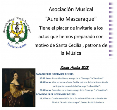 Santa Cecilia 2013
Invitación actos festividad Santa Cecilia, patrona de los múiscos 2013
