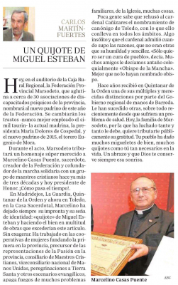 Don Marcelino. Homenaje Marsodeto
Reseña sobre Don Marcelino Casas, que fue parroco de La Guardia, aparecido en ABC Toledo el 9 de febrero de 2015 con motivo del homenaje que le dedicó la Asociación Marsodeto ese mismo día en Toledo.
